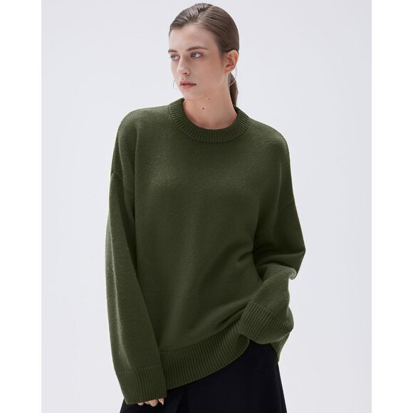 Women Cashmere Blend Oversized Crew Neck Army Green Soft Warm Pullover Sweater - Picture 2 of 5